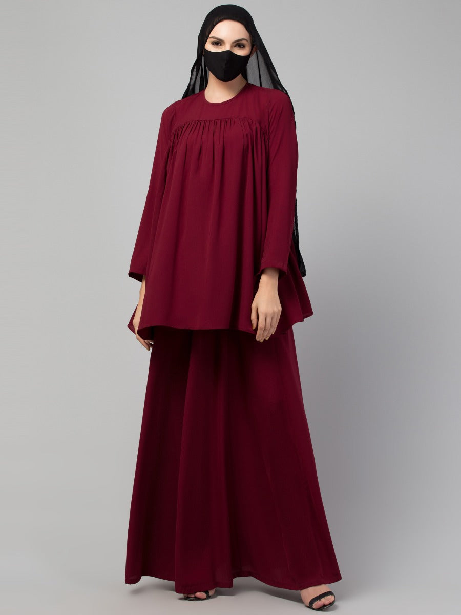 Modest Co-ord Set: Designer Loose-Fit Top with Frills and Flared Skirt, Perfect for Students and Working Women