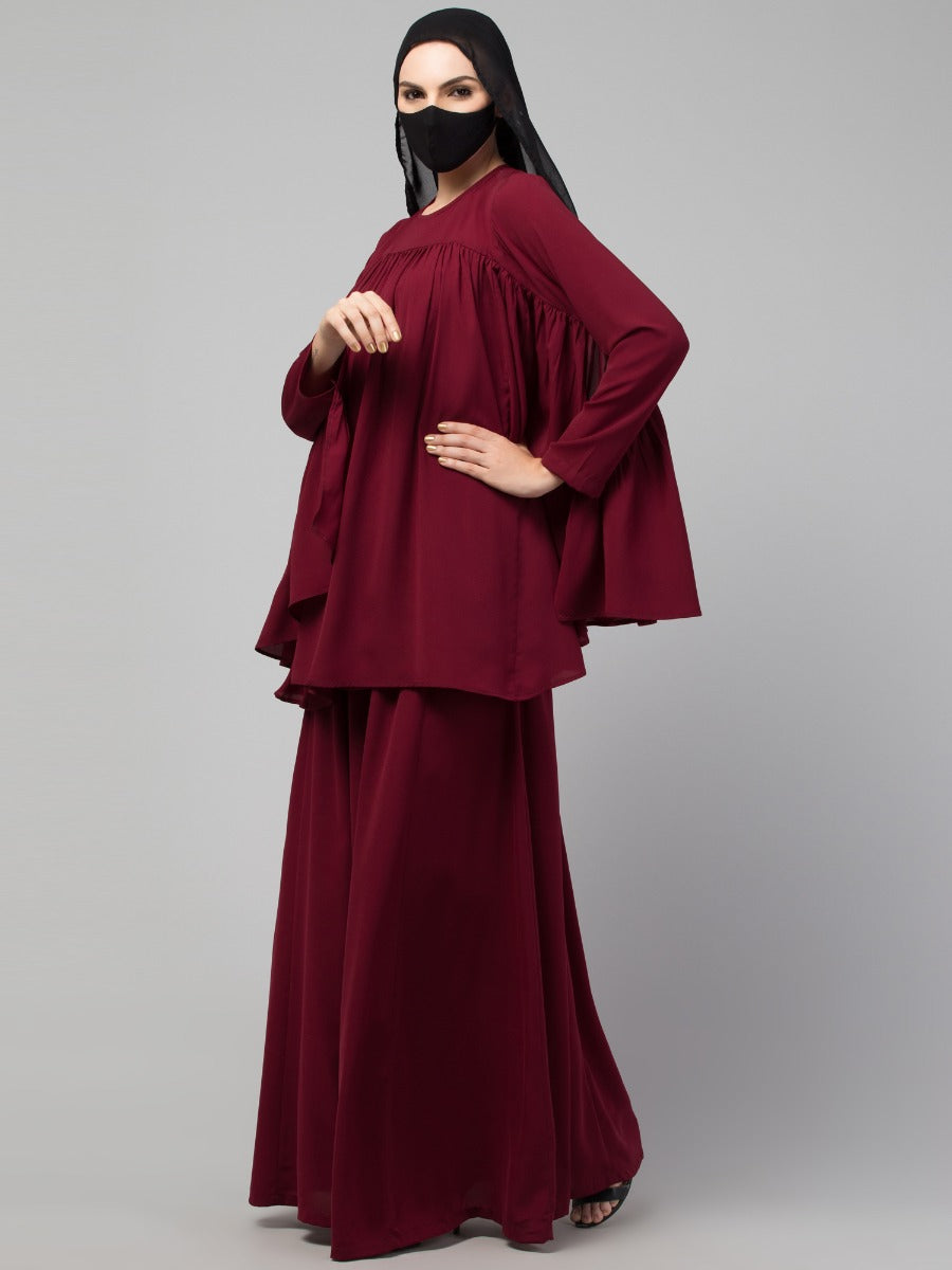 Modest Co-ord Set: Designer Loose-Fit Top with Frills and Flared Skirt, Perfect for Students and Working Women