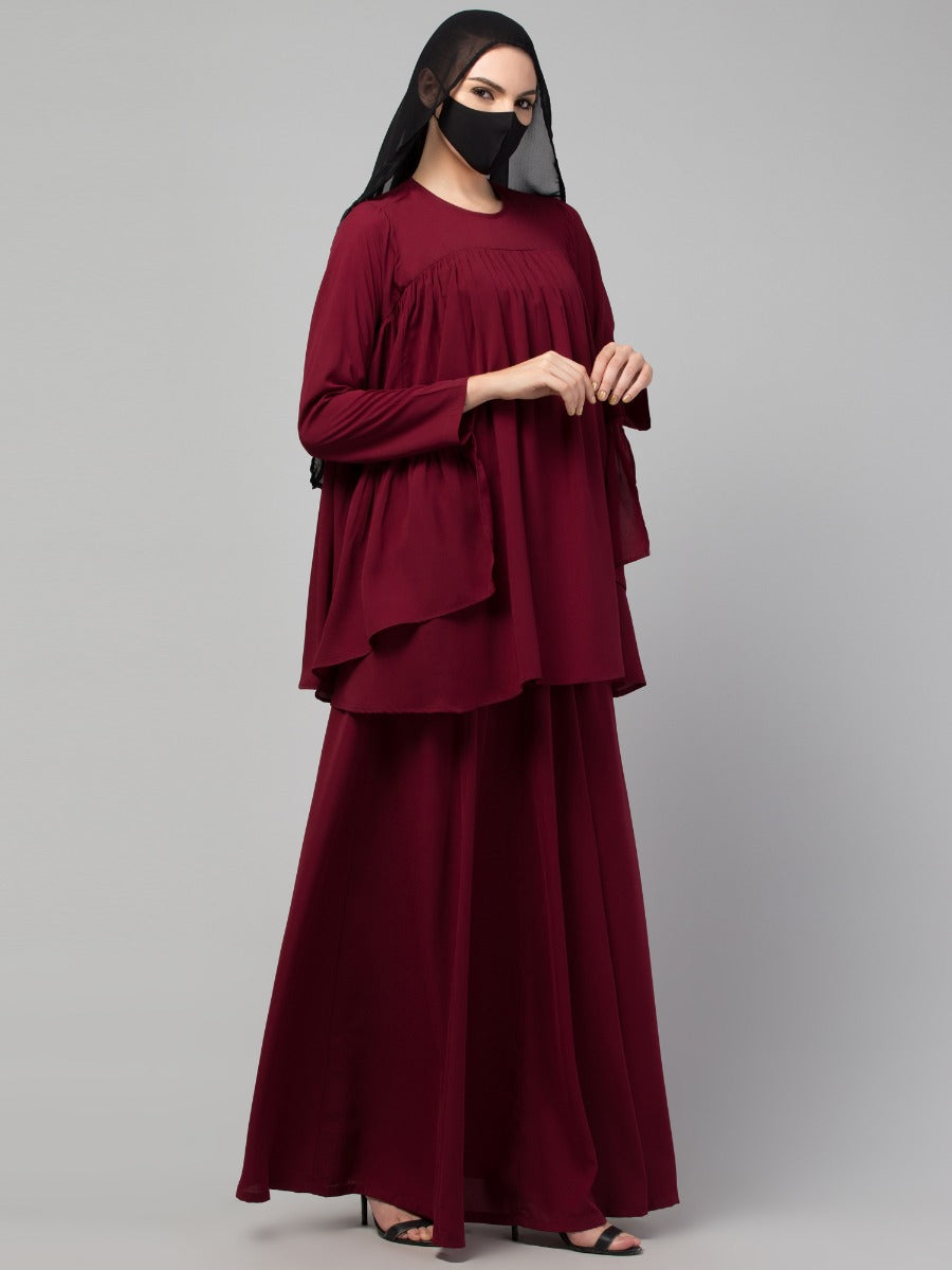 Modest Co-ord Set: Designer Loose-Fit Top with Frills and Flared Skirt, Perfect for Students and Working Women
