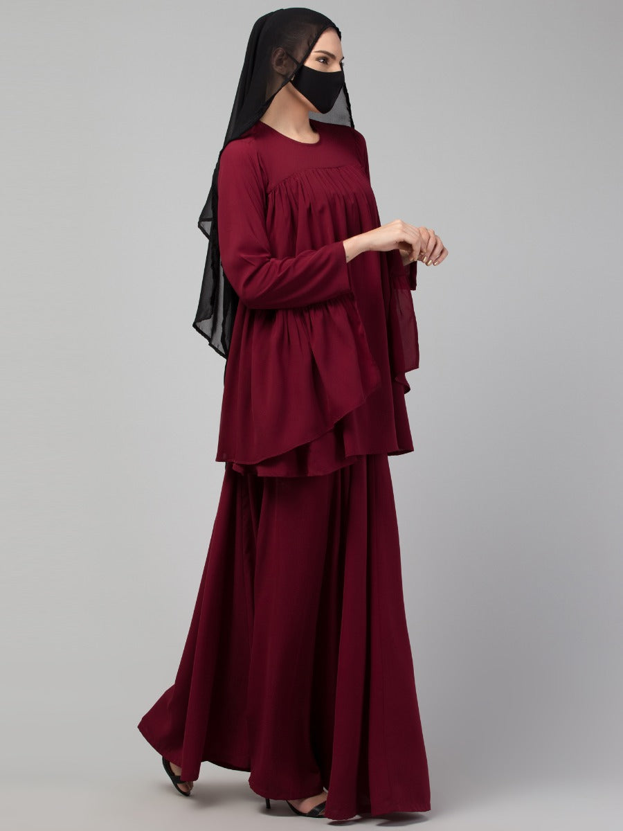 Modest Co-ord Set: Designer Loose-Fit Top with Frills and Flared Skirt, Perfect for Students and Working Women