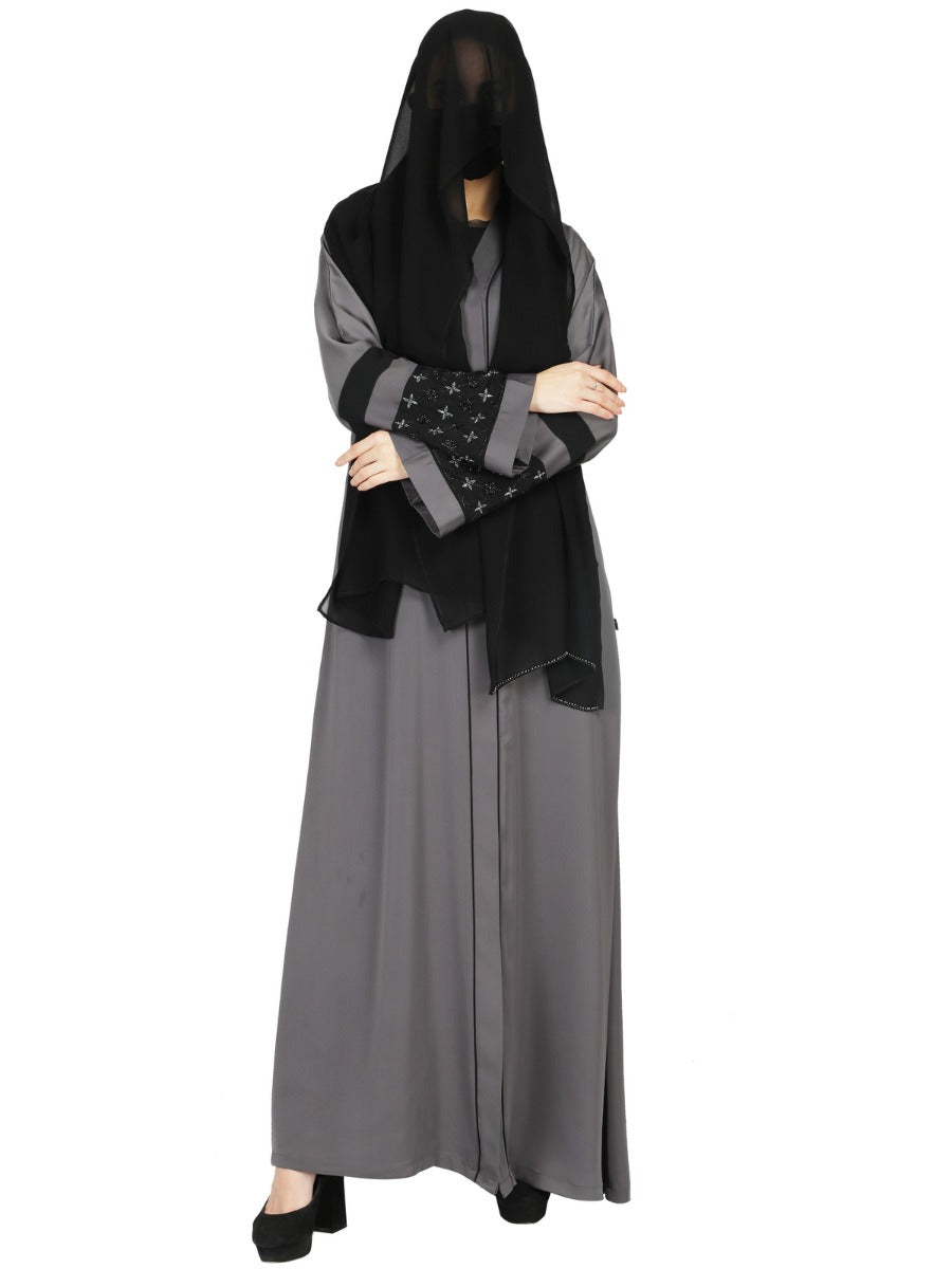 Front Open Abaya With Handwork Embellishments. It Comes With A Matching Hijab.