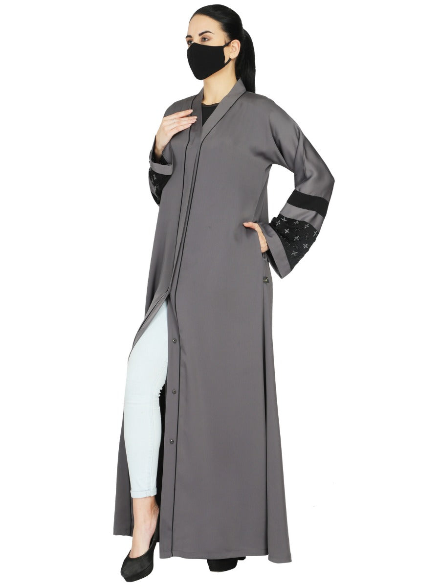 Front Open Abaya With Handwork Embellishments. It Comes With A Matching Hijab.