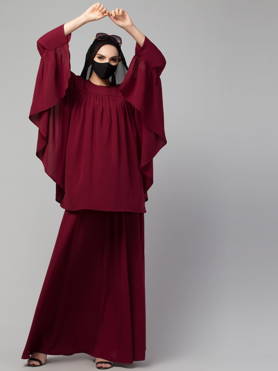 Modest Co-ord Set: Designer Loose-Fit Top with Frills and Flared Skirt, Perfect for Students and Working Women