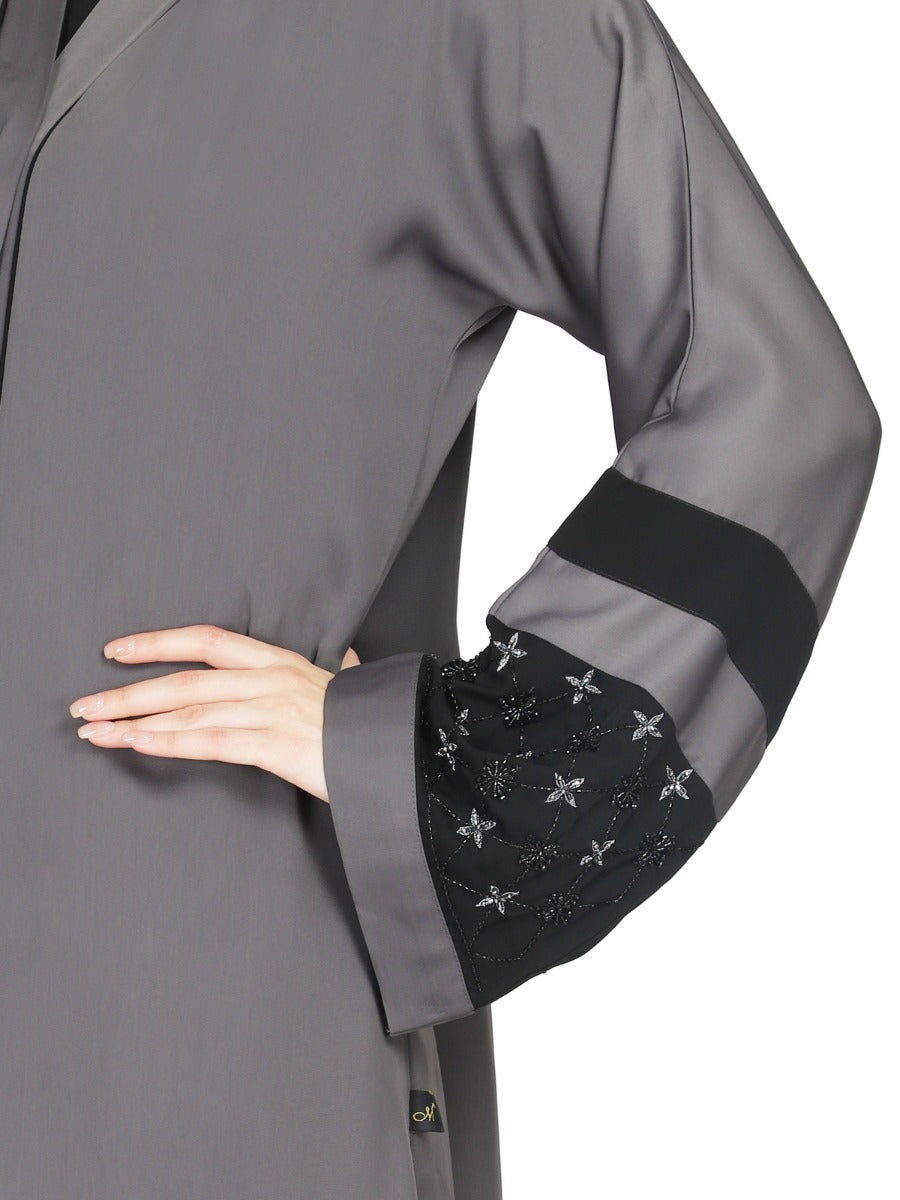 Front Open Abaya With Handwork Embellishments. It Comes With A Matching Hijab.