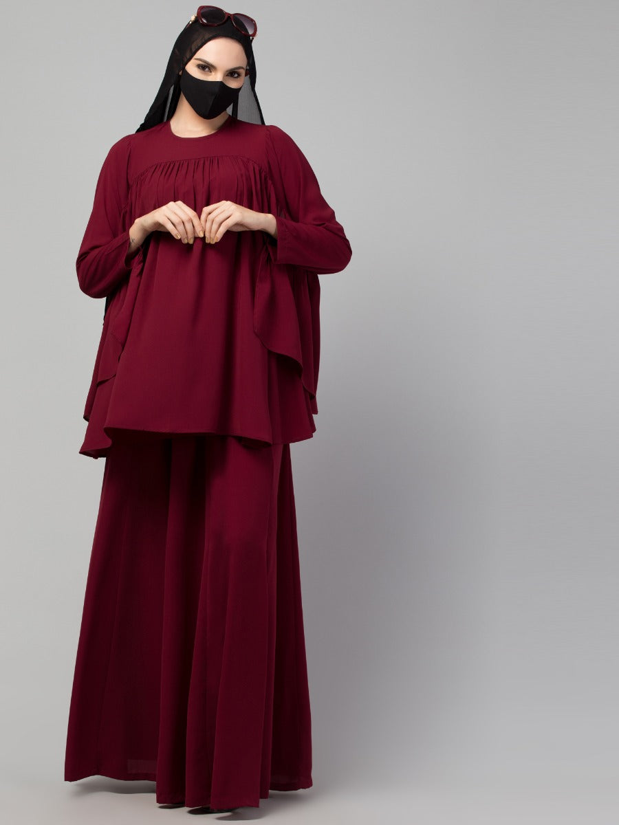 Modest Co-ord Set: Designer Loose-Fit Top with Frills and Flared Skirt, Perfect for Students and Working Women