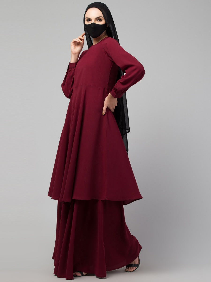 Modest Co-ord Set: Loose-Fit Long Top with Elasticated Sleeves and Flared Skirt, Ideal for Students and Working Women