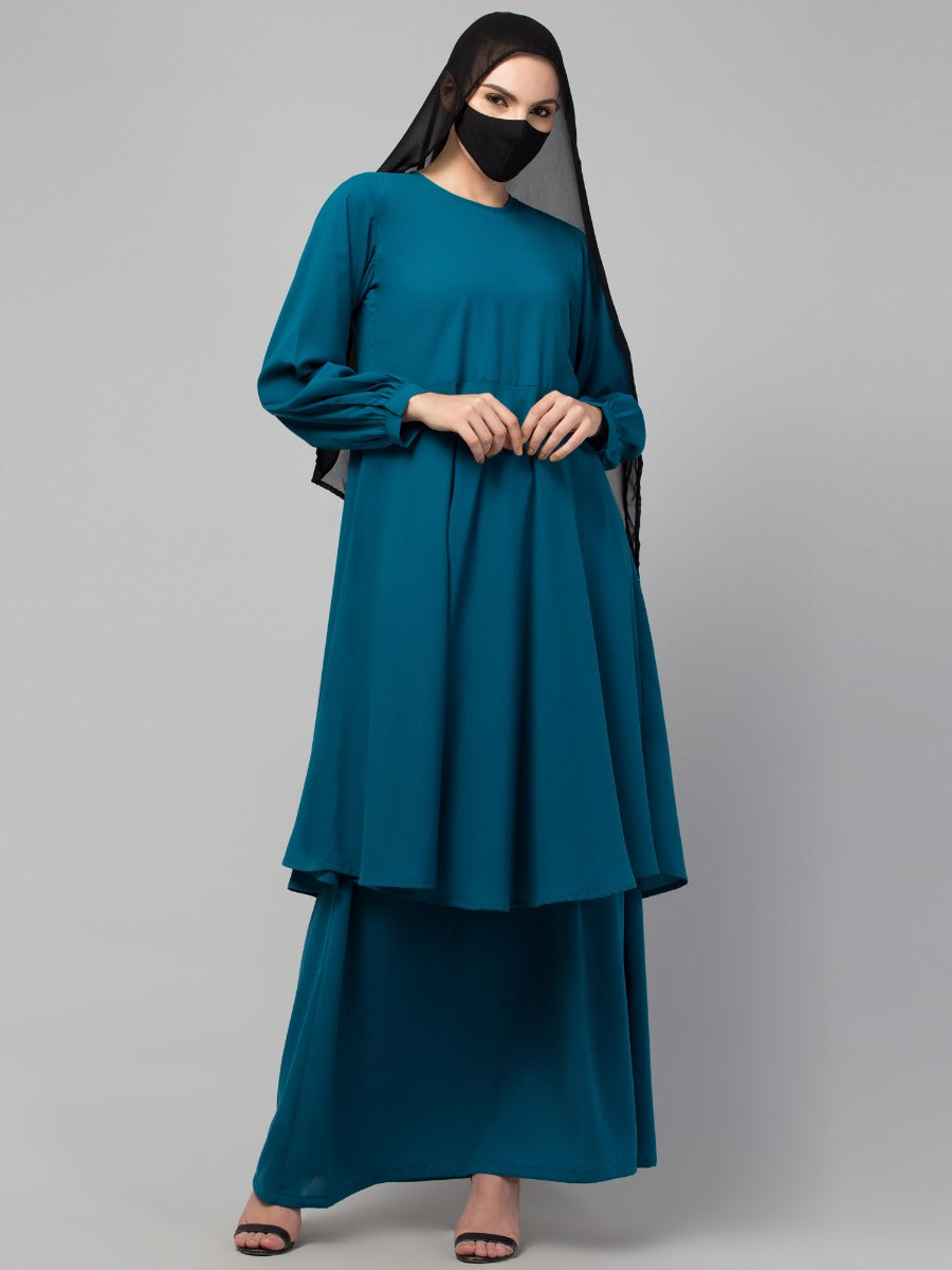 Modest Co-ord Set: Loose-Fit Long Top with Elasticated Sleeves and Flared Skirt, Ideal for Students and Working Women