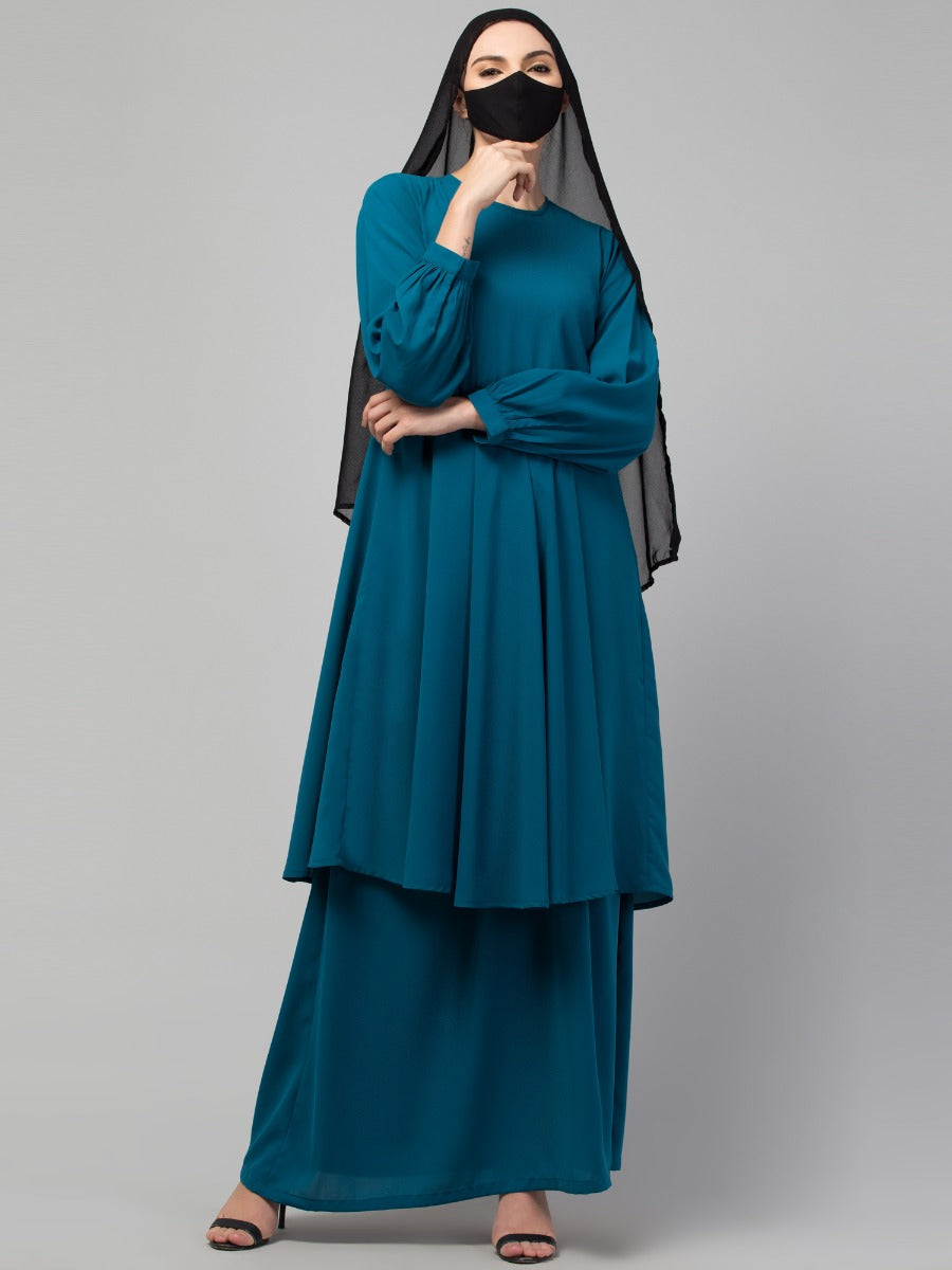 Modest Co-ord Set: Loose-Fit Long Top with Elasticated Sleeves and Flared Skirt, Ideal for Students and Working Women