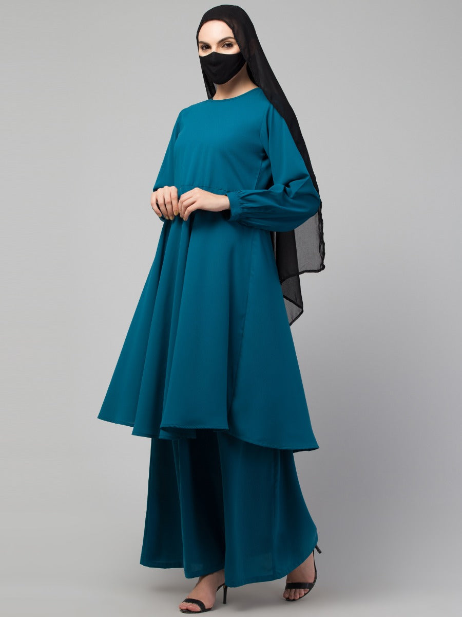 Modest Co-ord Set: Loose-Fit Long Top with Elasticated Sleeves and Flared Skirt, Ideal for Students and Working Women