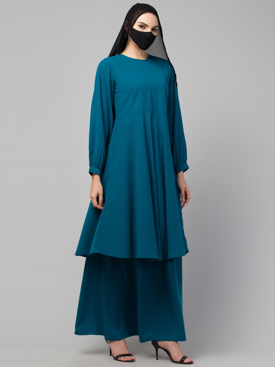Modest Co-ord Set: Loose-Fit Long Top with Elasticated Sleeves and Flared Skirt, Ideal for Students and Working Women