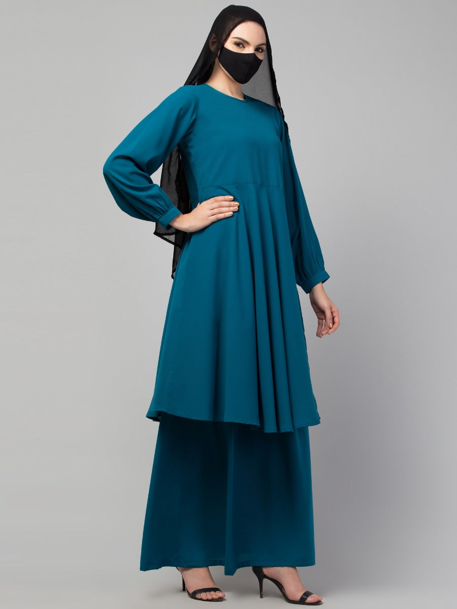 Modest Co-ord Set: Loose-Fit Long Top with Elasticated Sleeves and Flared Skirt, Ideal for Students and Working Women