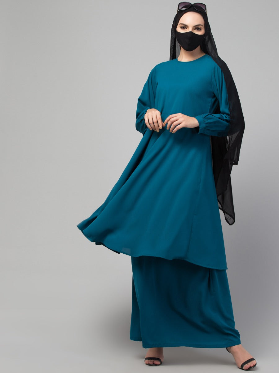Modest Co-ord Set: Loose-Fit Long Top with Elasticated Sleeves and Flared Skirt, Ideal for Students and Working Women
