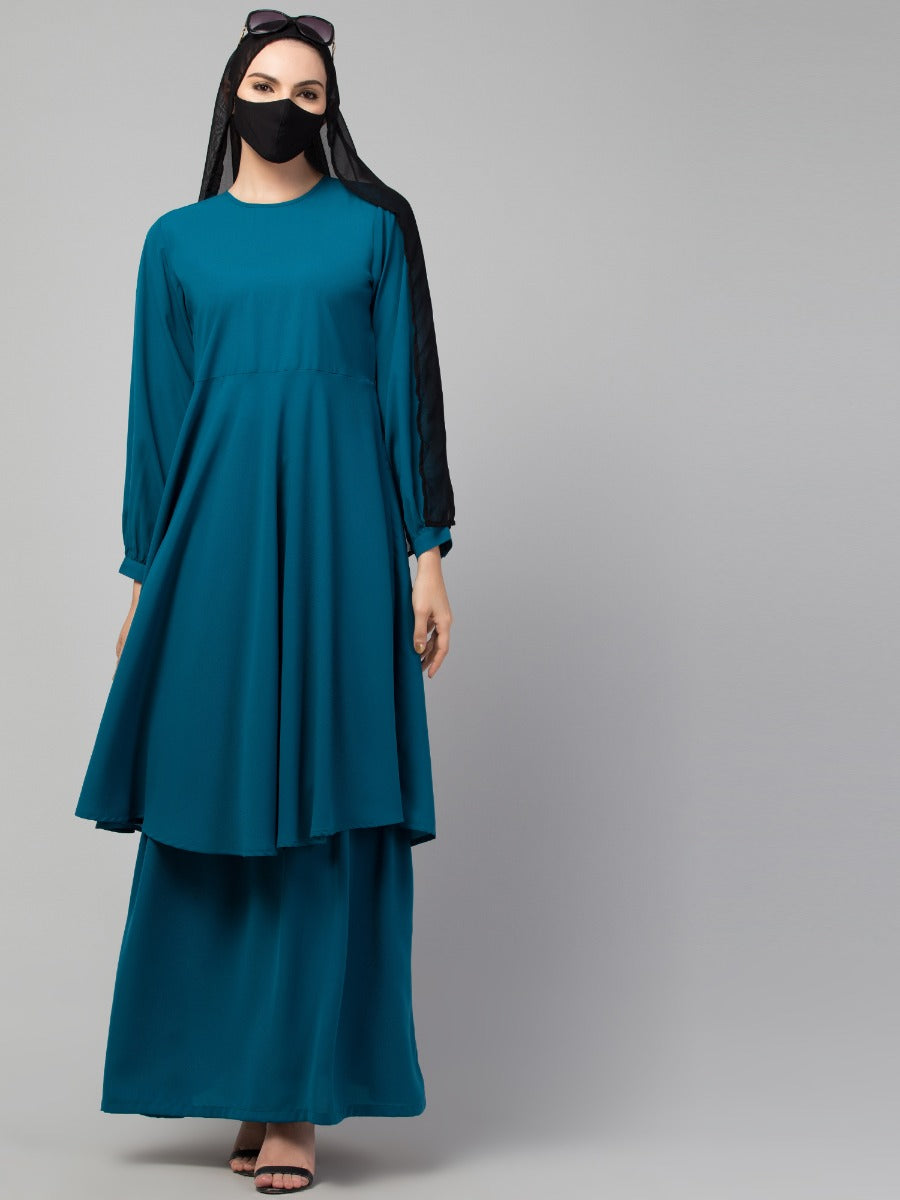 Modest Co-ord Set: Loose-Fit Long Top with Elasticated Sleeves and Flared Skirt, Ideal for Students and Working Women