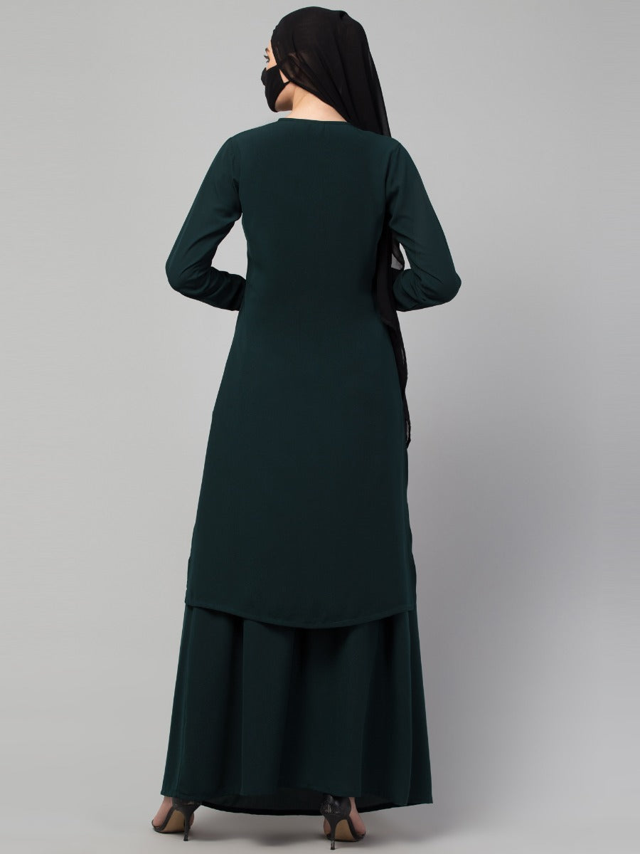 Modest Co-ord Set: Front Open Long Top with Slim Sleeves, Side Slits, and Flared Skirt, Ideal for Students and Working Women