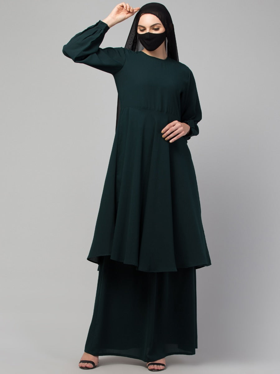 Modest Co-ord Set: Loose-Fit Long Top with Elasticated Sleeves and Flared Skirt, Ideal for Students and Working Women