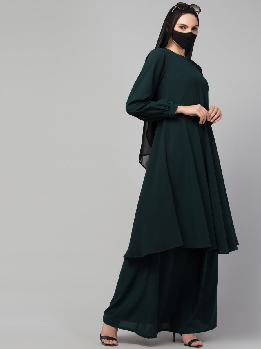 Modest Co-ord Set: Loose-Fit Long Top with Elasticated Sleeves and Flared Skirt, Ideal for Students and Working Women