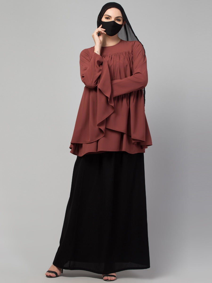Modest Co-ord Set: Designer Loose-Fit Top with Frills and Flared Skirt, Perfect for Students and Working Women