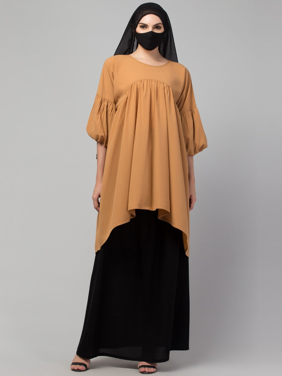 Modest Co-ord Set: Designer Long Top with Balloon Sleeves and Flared Skirt