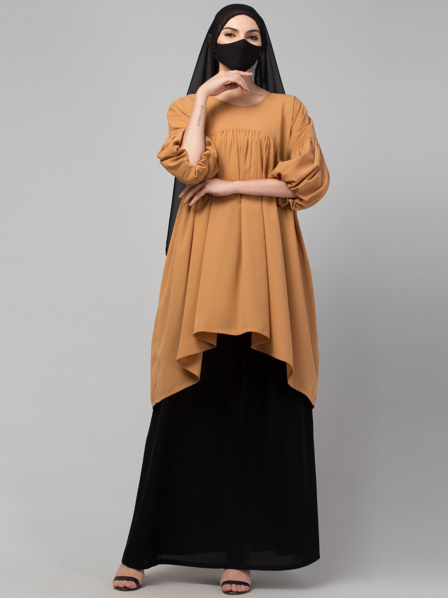 Modest Co-ord Set: Designer Long Top with Balloon Sleeves and Flared Skirt