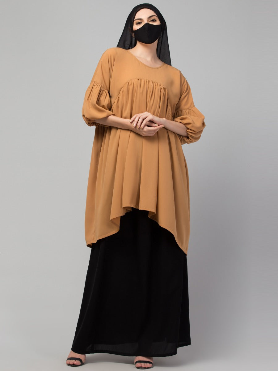 Modest Co-ord Set: Designer Long Top with Balloon Sleeves and Flared Skirt
