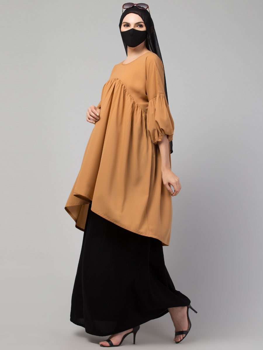 Modest Co-ord Set: Designer Long Top with Balloon Sleeves and Flared Skirt