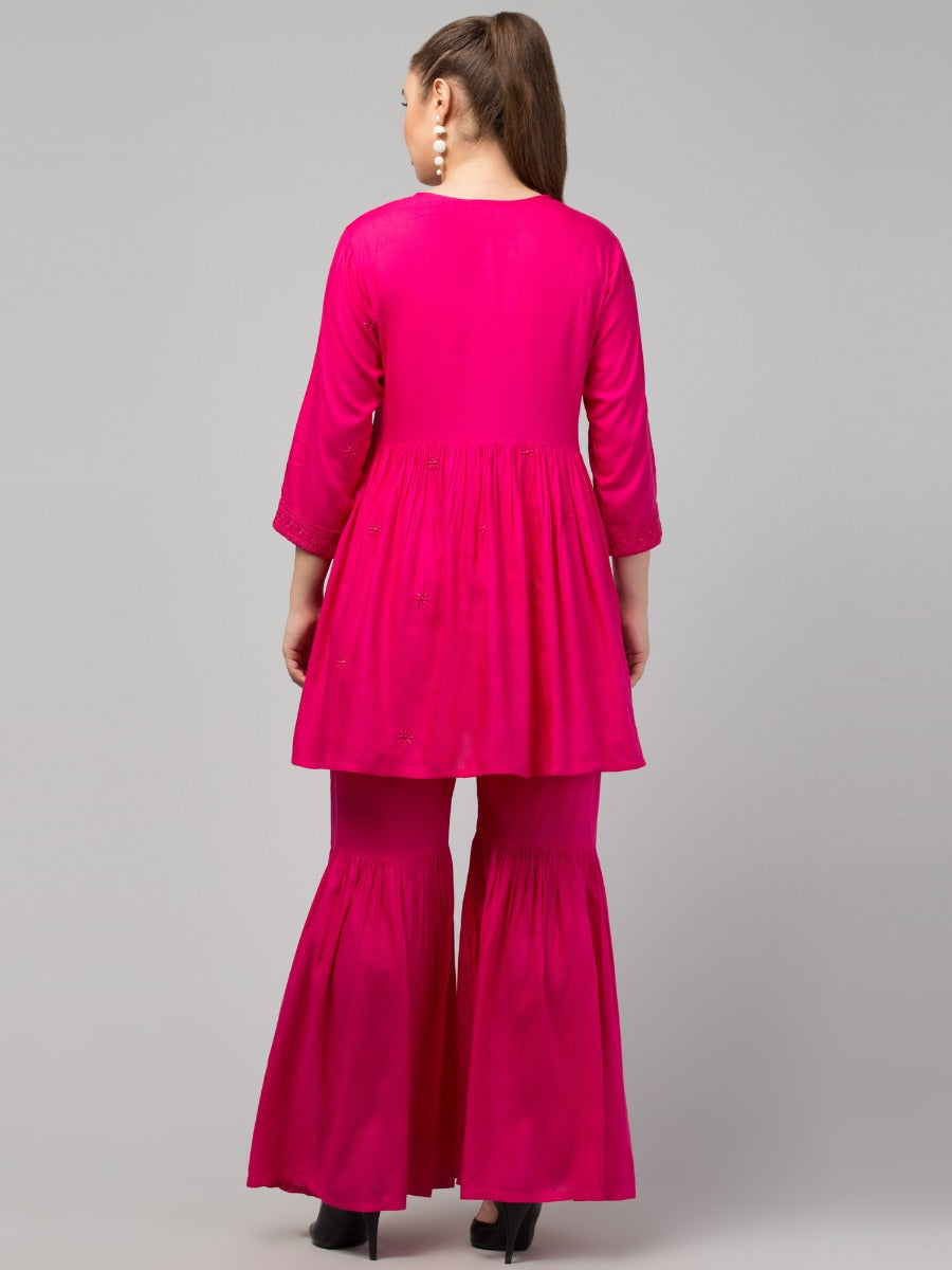 Two Pcs Sharara-Kurta Set With Chikankari Work In Rayon Fabric