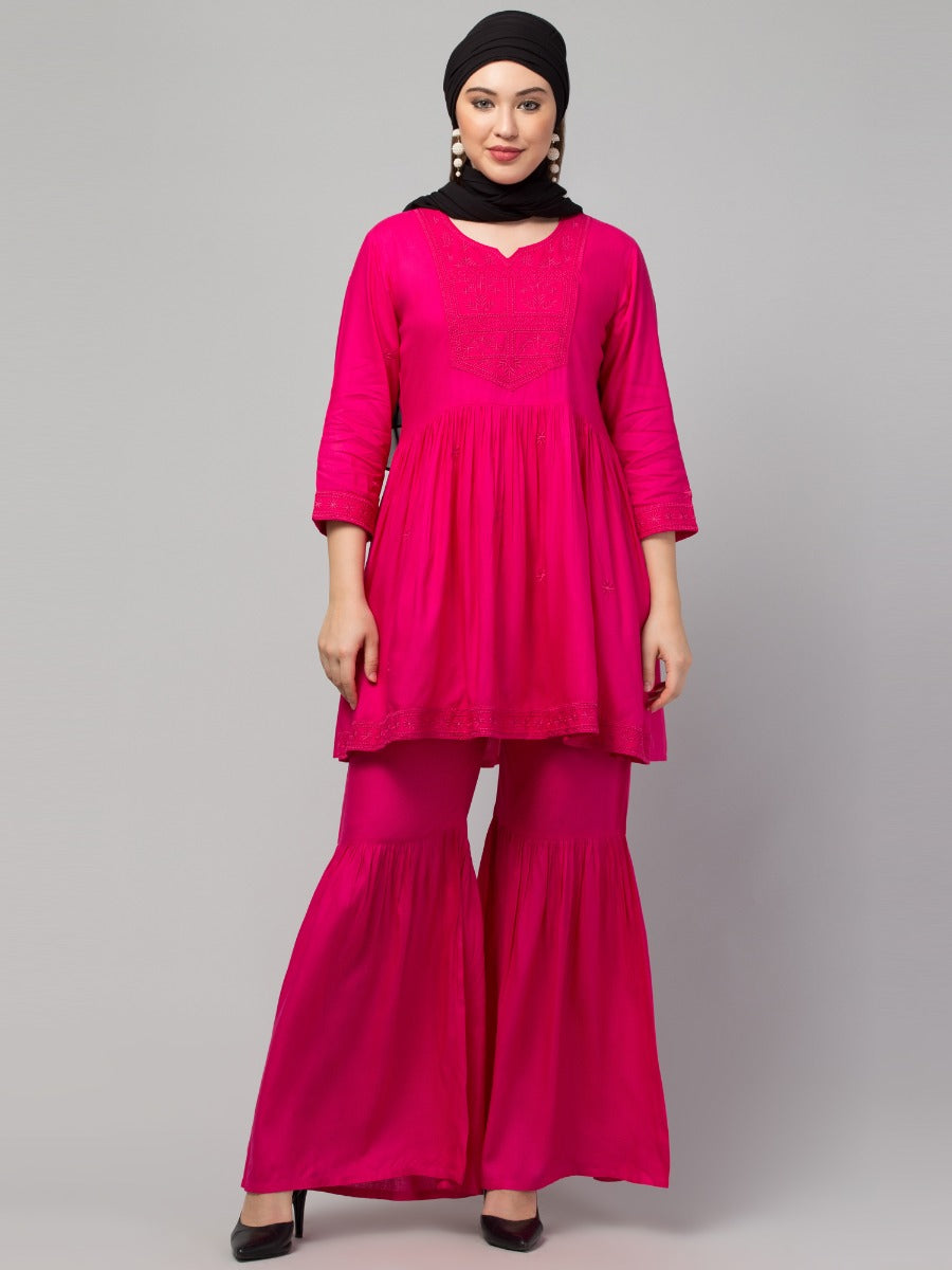 Two Pcs Sharara-Kurta Set With Chikankari Work In Rayon Fabric