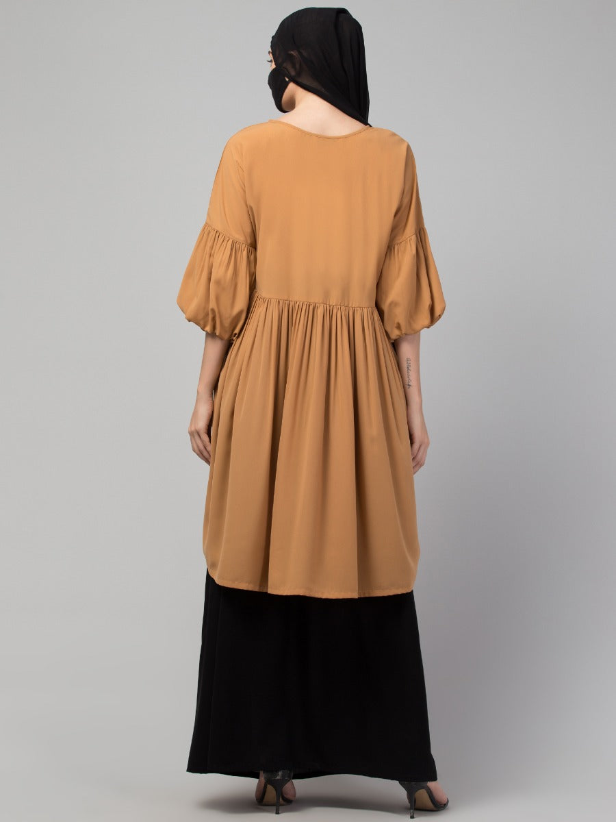 Modest Co-ord Set: Designer Long Top with Balloon Sleeves and Flared Skirt