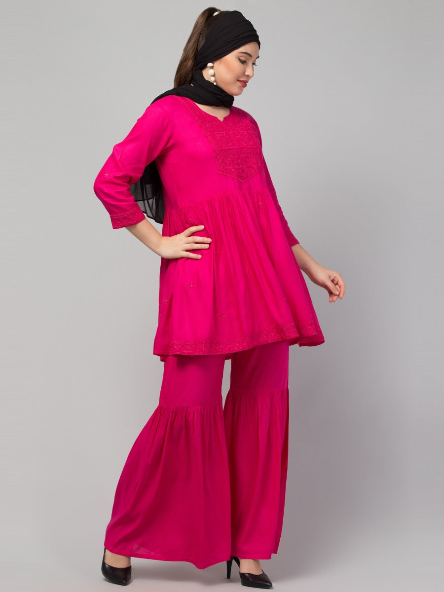 Two Pcs Sharara-Kurta Set With Chikankari Work In Rayon Fabric
