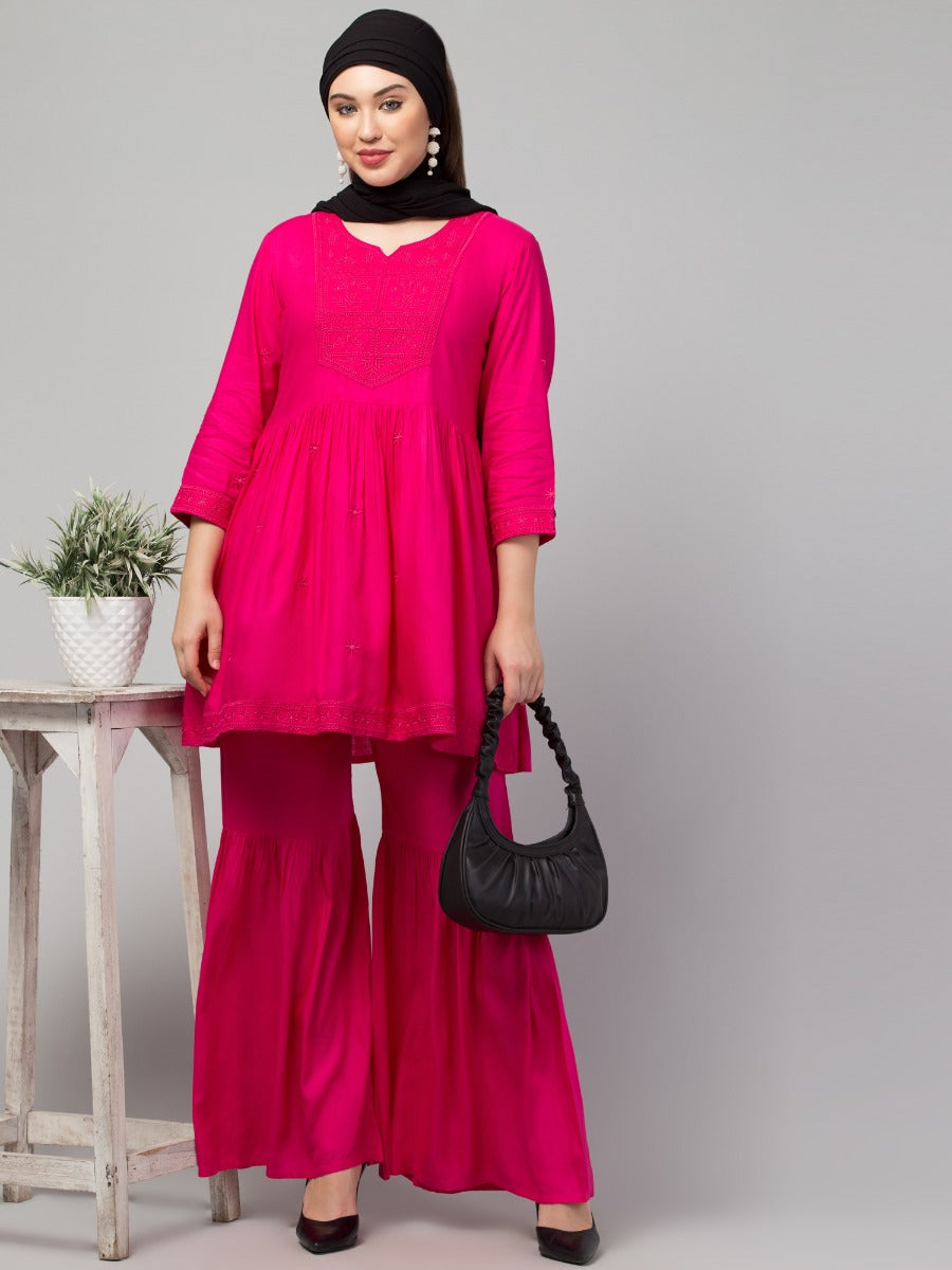 Two Pcs Sharara-Kurta Set With Chikankari Work In Rayon Fabric