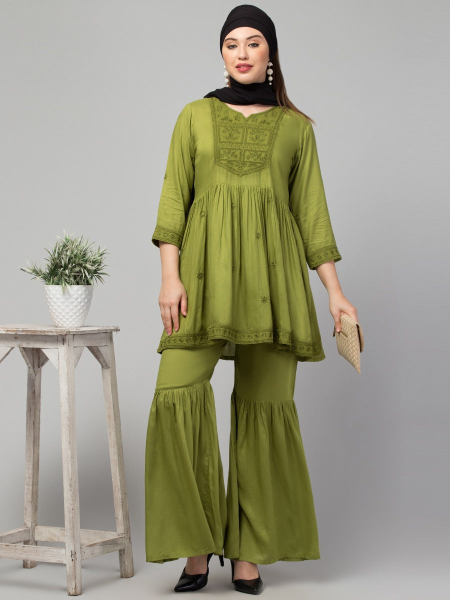 Two Pcs Sharara-Kurta Set With Chikankari Work In Rayon Fabric