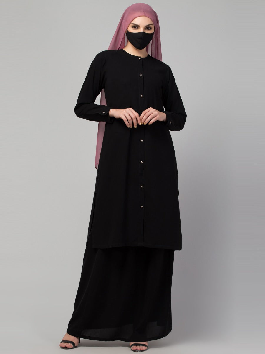 Modest Co-ord Set: Front Open Long Top with Slim Sleeves, Side Slits, and Flared Skirt, Ideal for Students and Working Women
