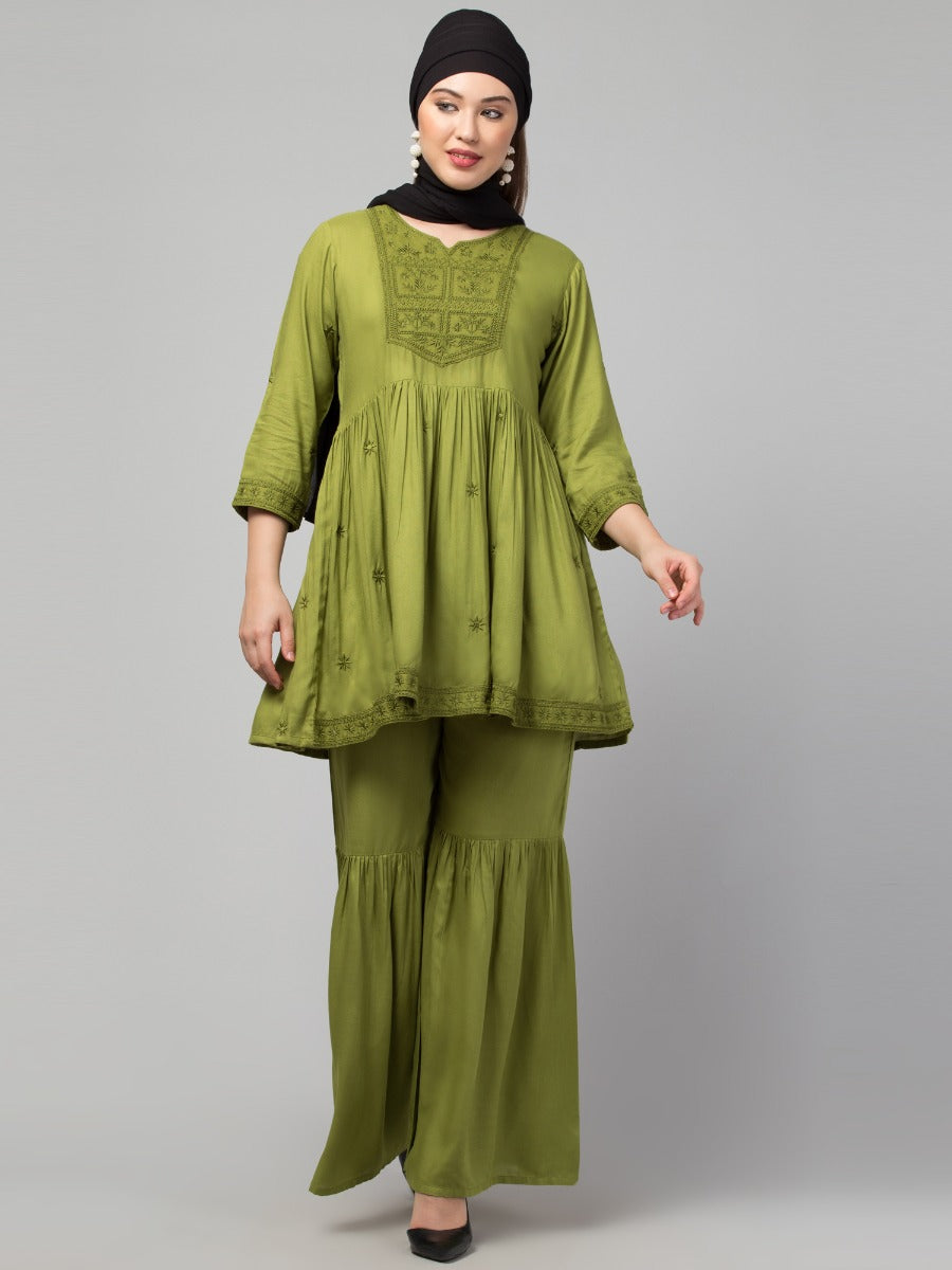 Two Pcs Sharara-Kurta Set With Chikankari Work In Rayon Fabric