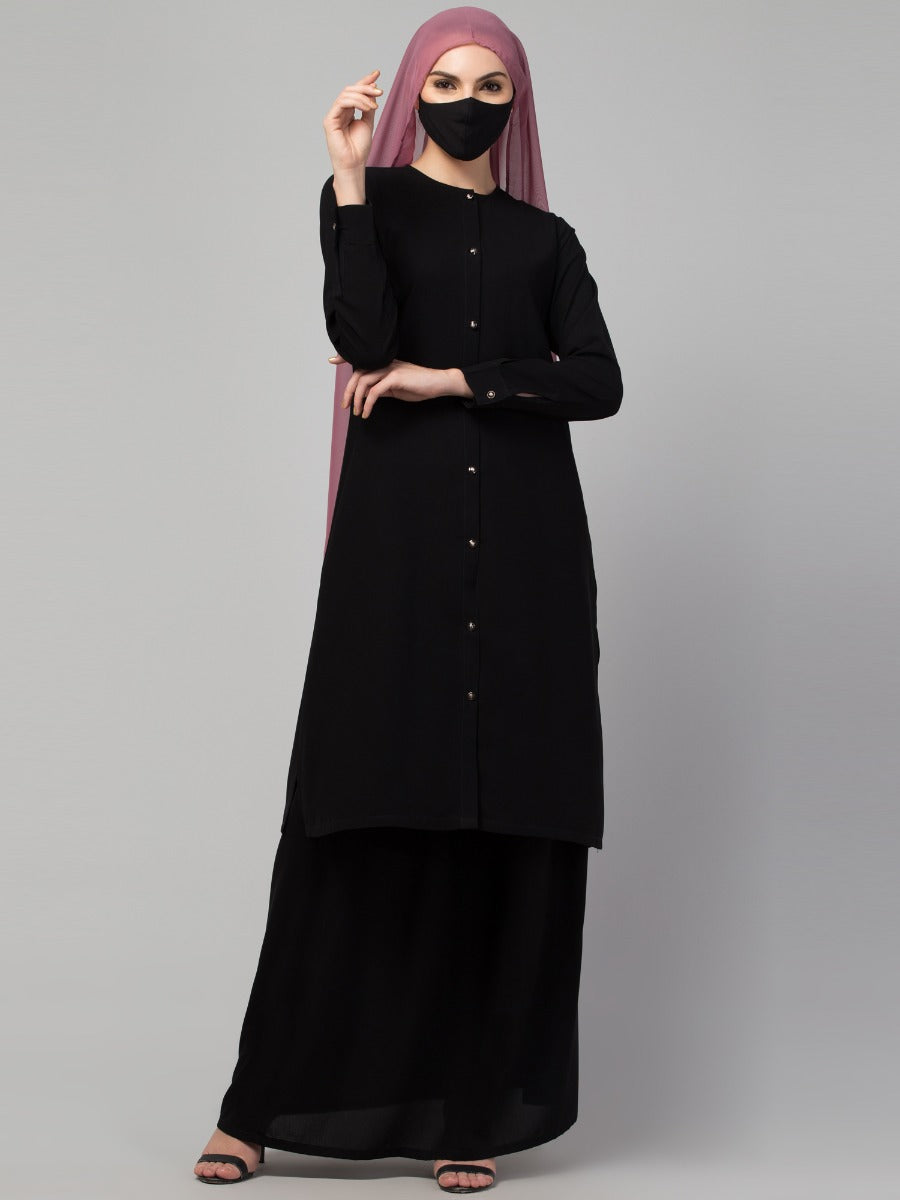 Modest Co-ord Set: Front Open Long Top with Slim Sleeves, Side Slits, and Flared Skirt, Ideal for Students and Working Women