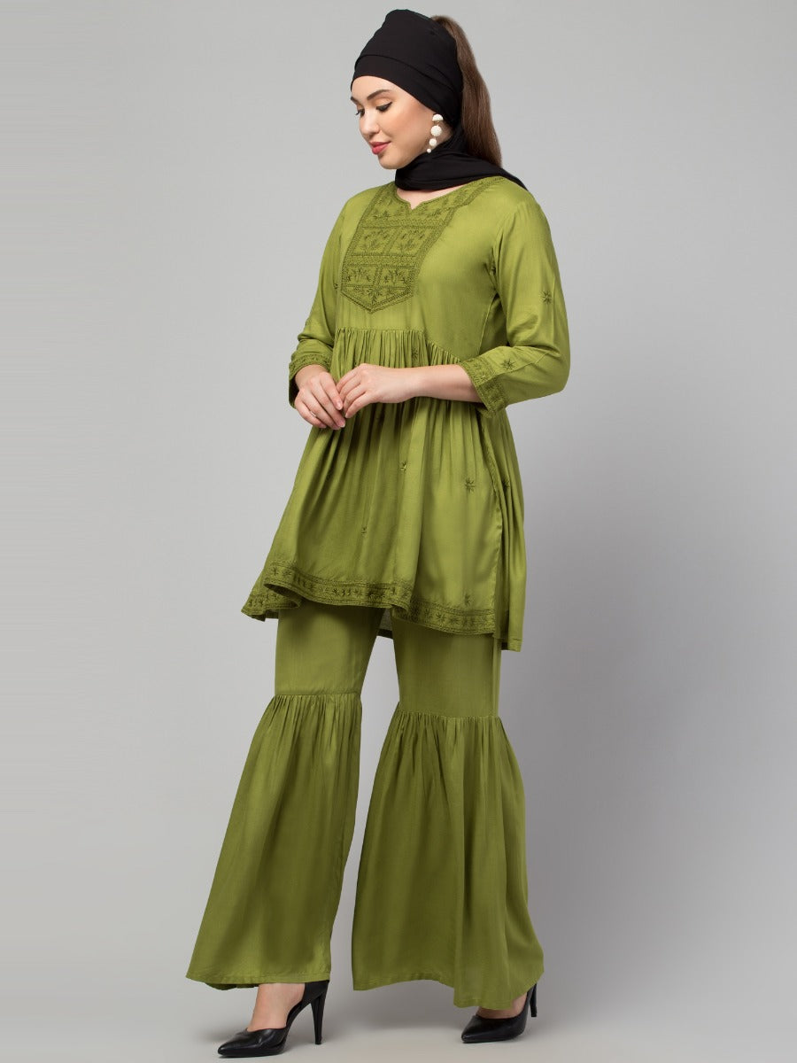 Two Pcs Sharara-Kurta Set With Chikankari Work In Rayon Fabric