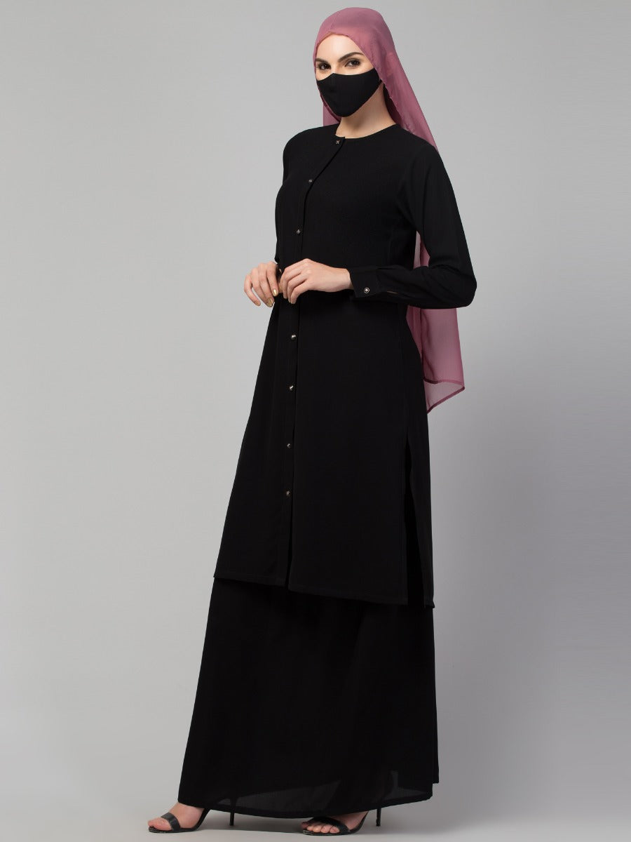 Modest Co-ord Set: Front Open Long Top with Slim Sleeves, Side Slits, and Flared Skirt, Ideal for Students and Working Women
