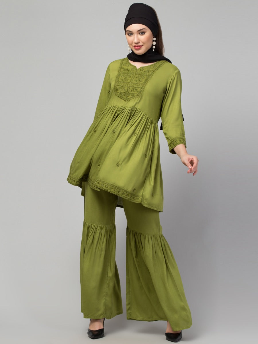 Two Pcs Sharara-Kurta Set With Chikankari Work In Rayon Fabric