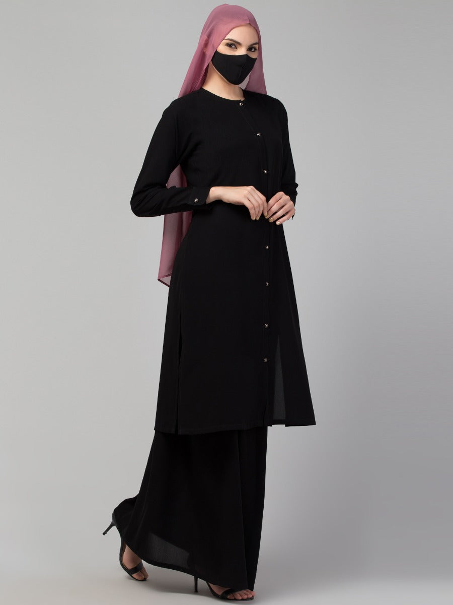 Modest Co-ord Set: Front Open Long Top with Slim Sleeves, Side Slits, and Flared Skirt, Ideal for Students and Working Women