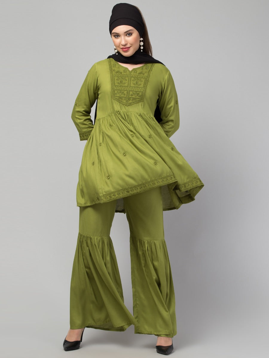 Two Pcs Sharara-Kurta Set With Chikankari Work In Rayon Fabric