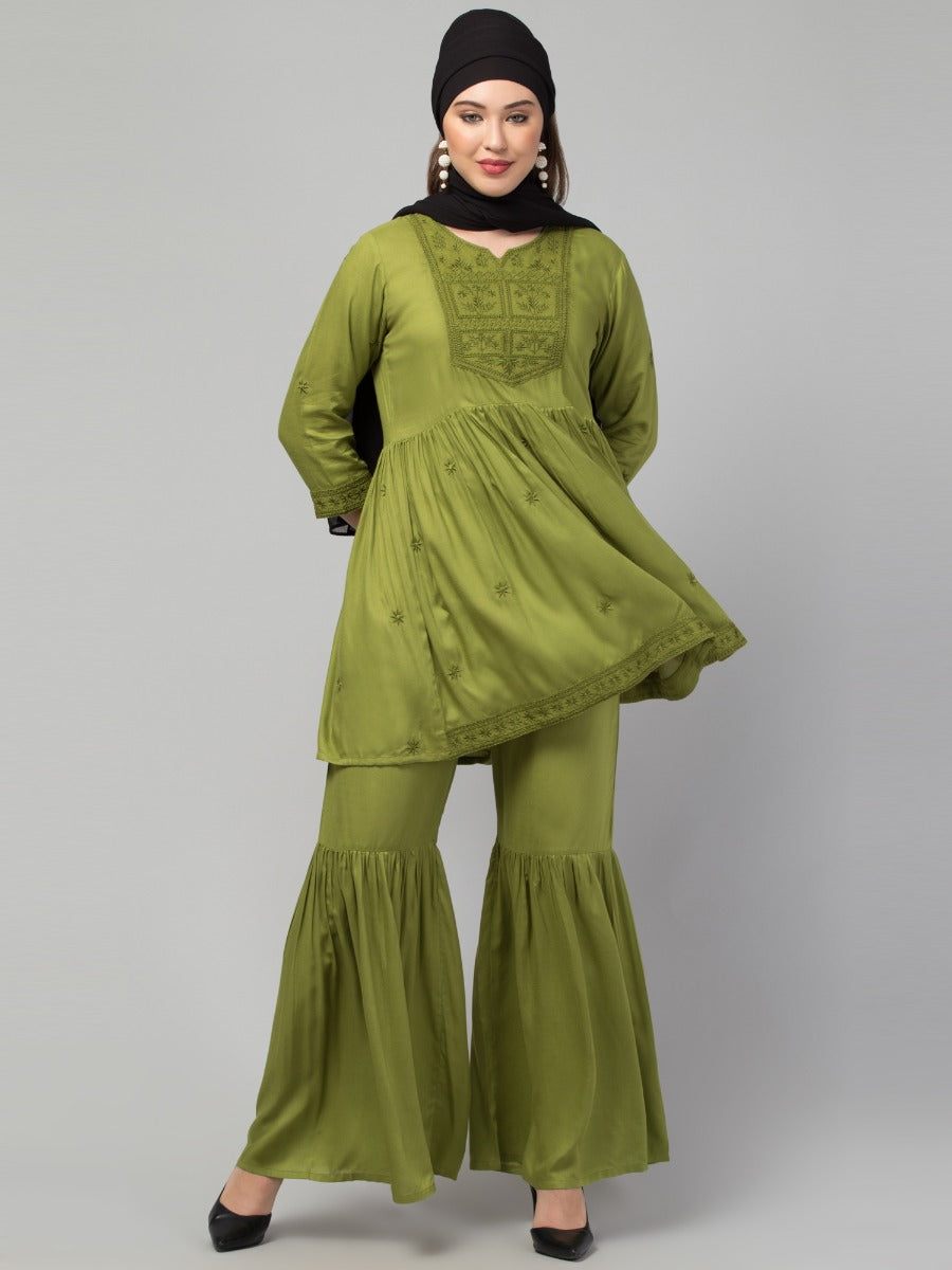 Two Pcs Sharara-Kurta Set With Chikankari Work In Rayon Fabric