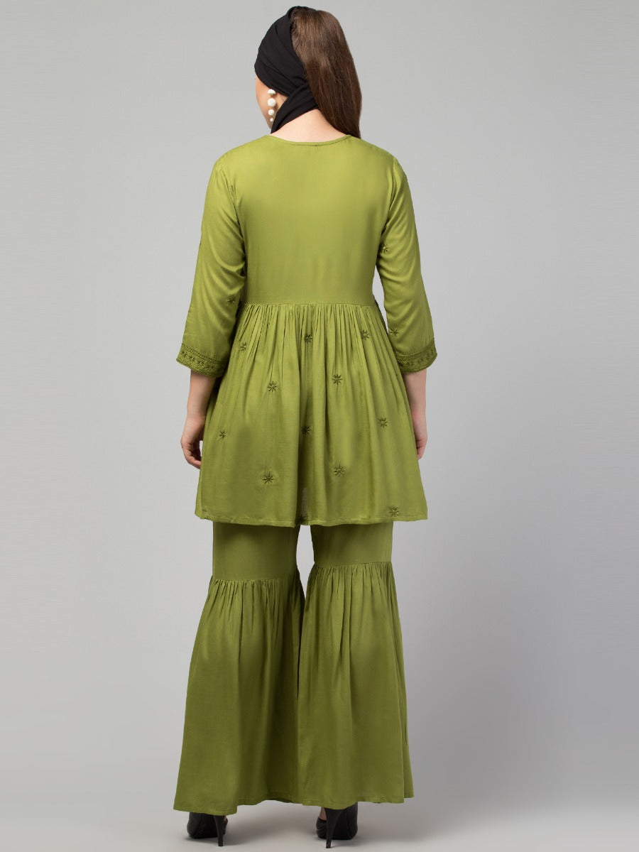 Two Pcs Sharara-Kurta Set With Chikankari Work In Rayon Fabric