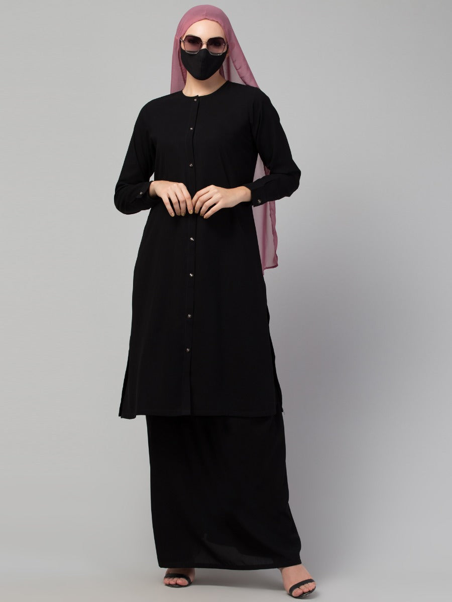Modest Co-ord Set: Front Open Long Top with Slim Sleeves, Side Slits, and Flared Skirt, Ideal for Students and Working Women