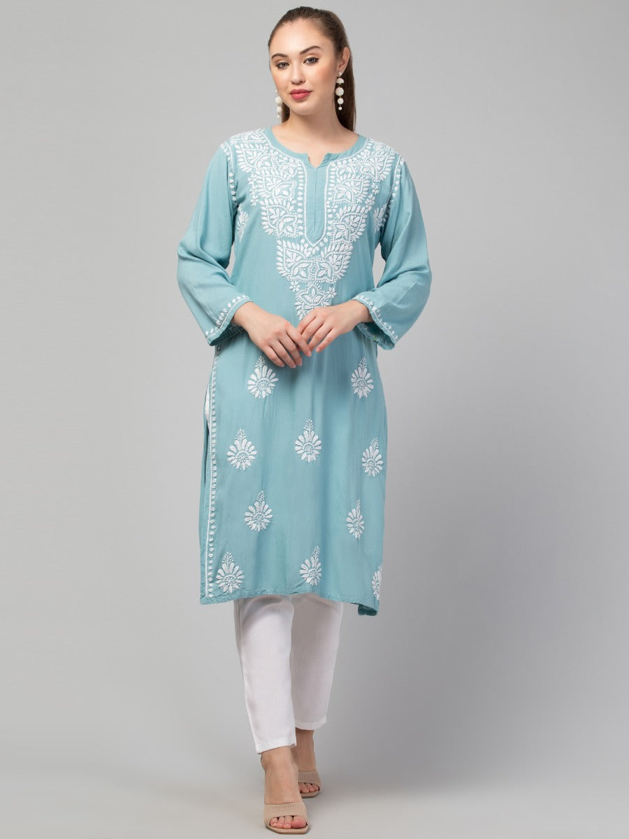 Long Rayon Kurti With Hand Chikankari Work