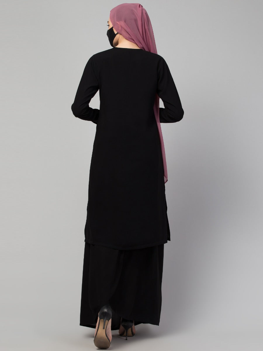 Modest Co-ord Set: Front Open Long Top with Slim Sleeves, Side Slits, and Flared Skirt, Ideal for Students and Working Women