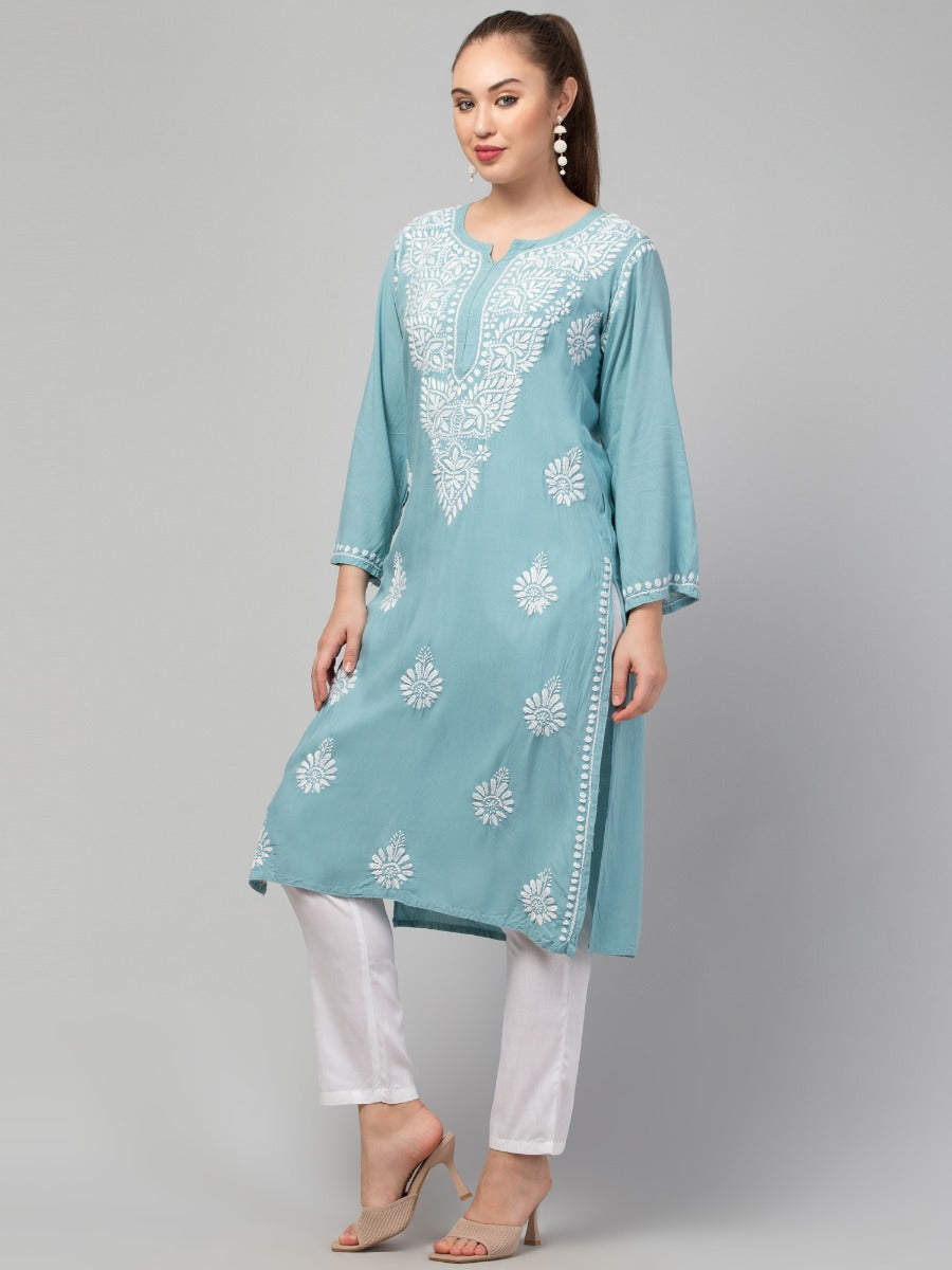 Long Rayon Kurti With Hand Chikankari Work
