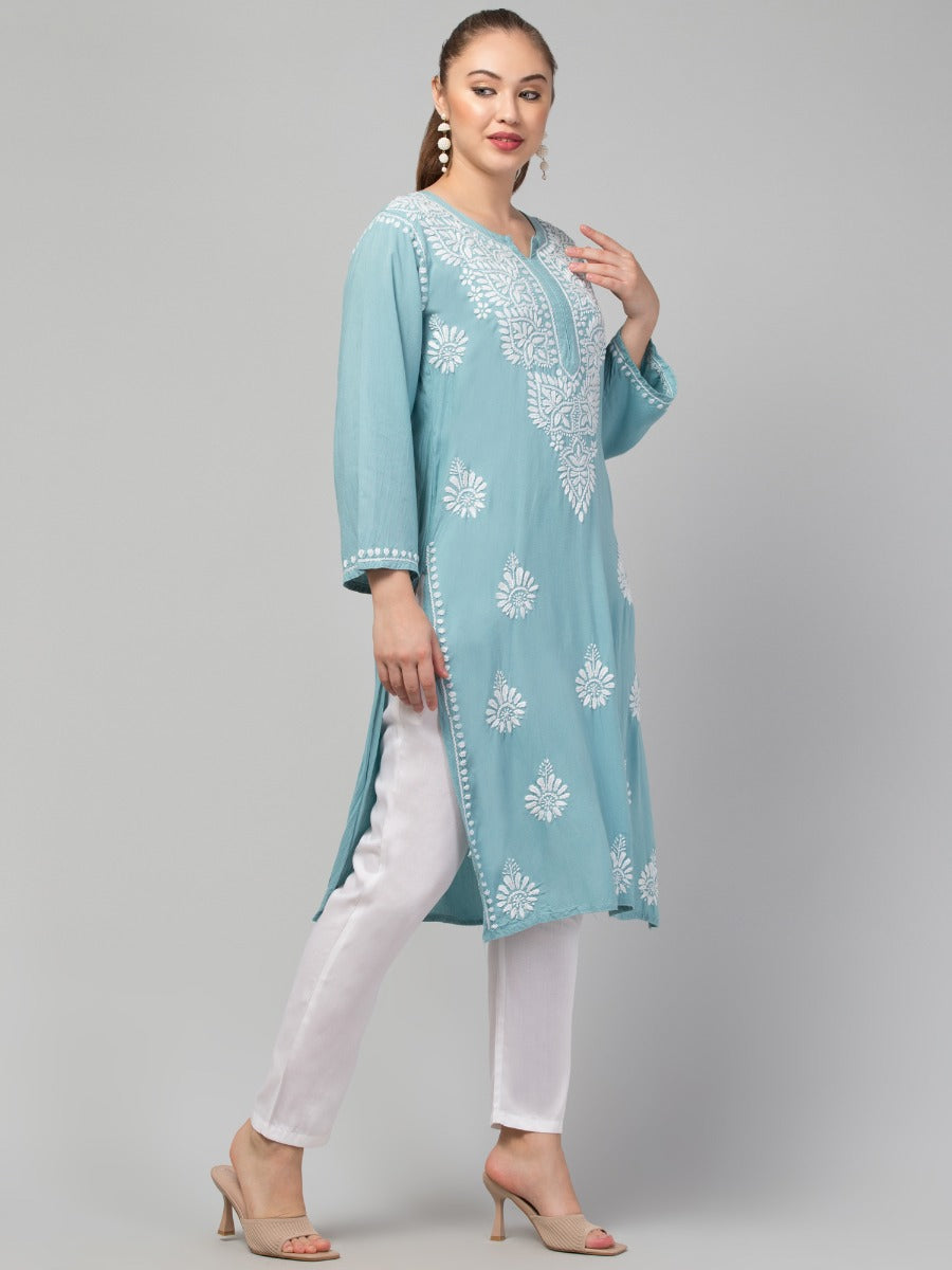 Long Rayon Kurti With Hand Chikankari Work