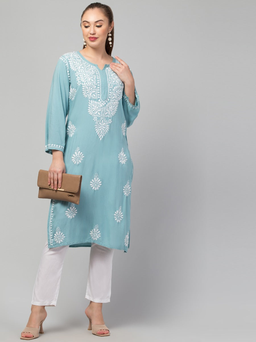 Long Rayon Kurti With Hand Chikankari Work