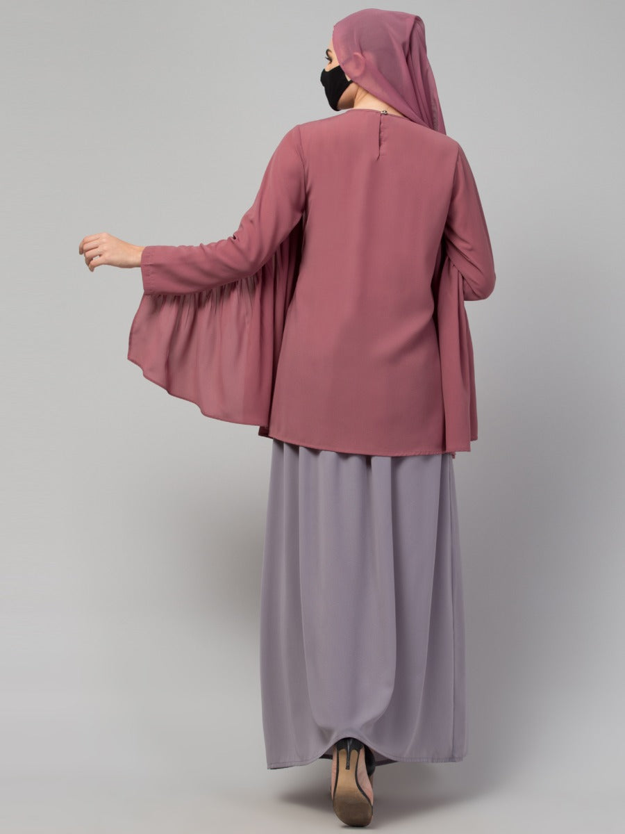 Modest Co-ord Set: Designer Loose-Fit Top with Frills and Flared Skirt, Perfect for Students and Working Women