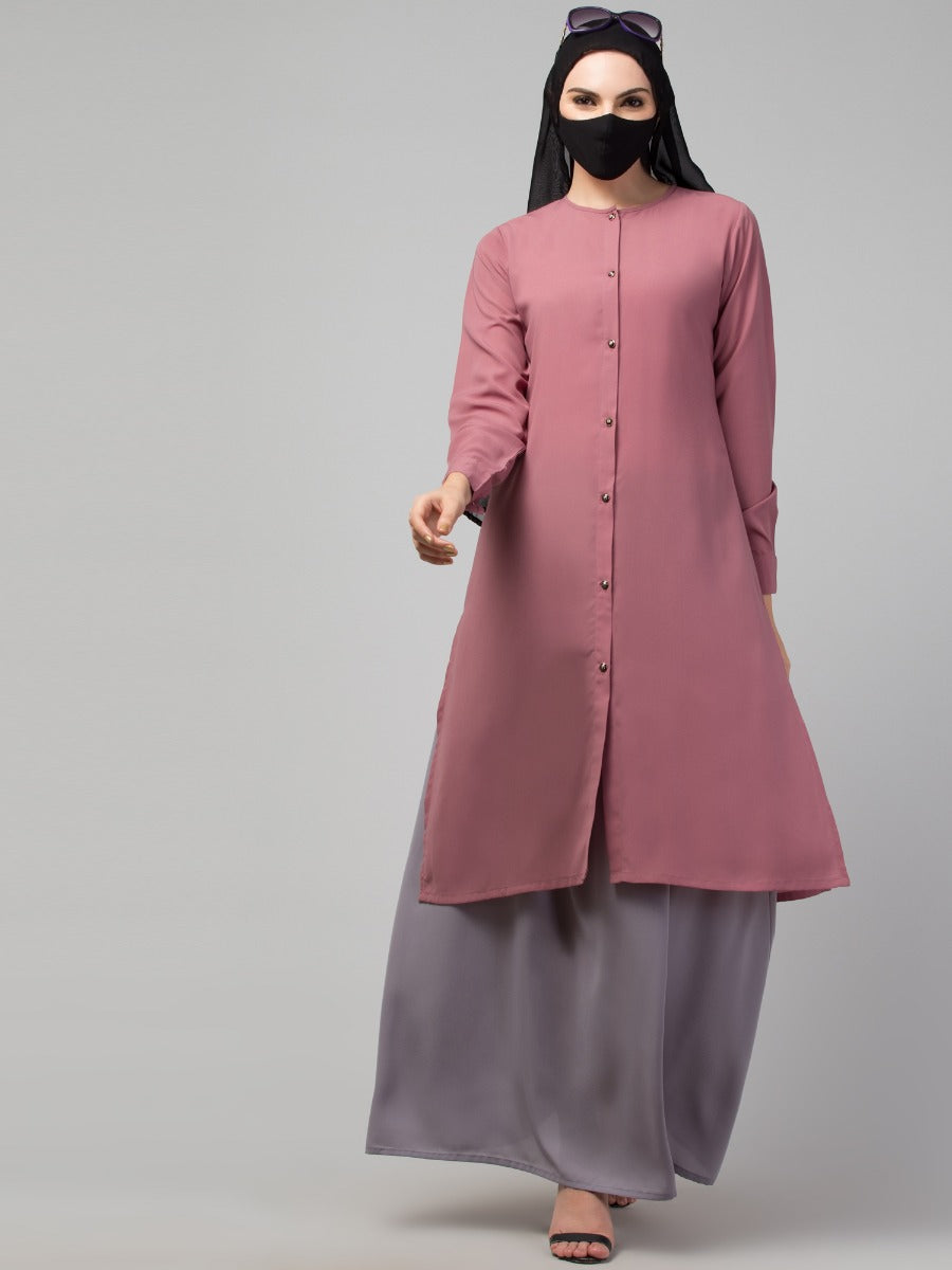 Modest Co-ord Set: Front Open Long Top with Slim Sleeves, Side Slits, and Flared Skirt, Ideal for Students and Working Women