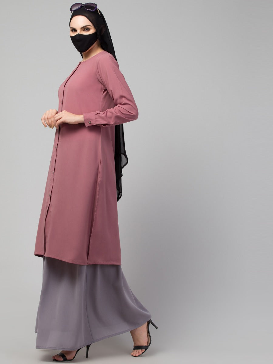 Modest Co-ord Set: Front Open Long Top with Slim Sleeves, Side Slits, and Flared Skirt, Ideal for Students and Working Women